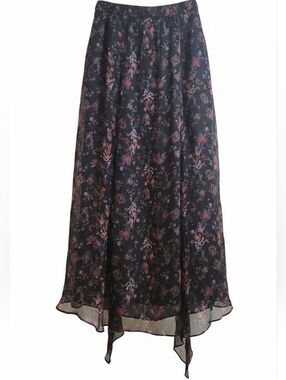 Peruvian Connection Dark Black Floral Midi Silk Skirt